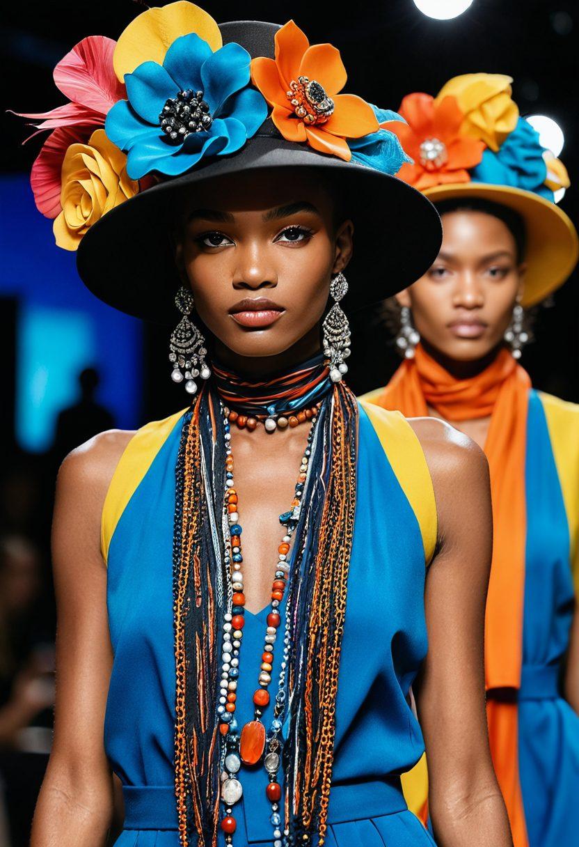 A collage of diverse stylish hats and headwear arranged artistically on a vibrant fashion runway. Include trendy accessories like scarves, brooches, and unique hat designs capturing the essence of modern fashion. The scene should be dynamic, featuring diverse models wearing the headwear, showcasing a mix of textures and colors. Soft lighting highlights the details while a blurred background suggests a bustling fashion event. super-realistic. vibrant colors. fashion photography.