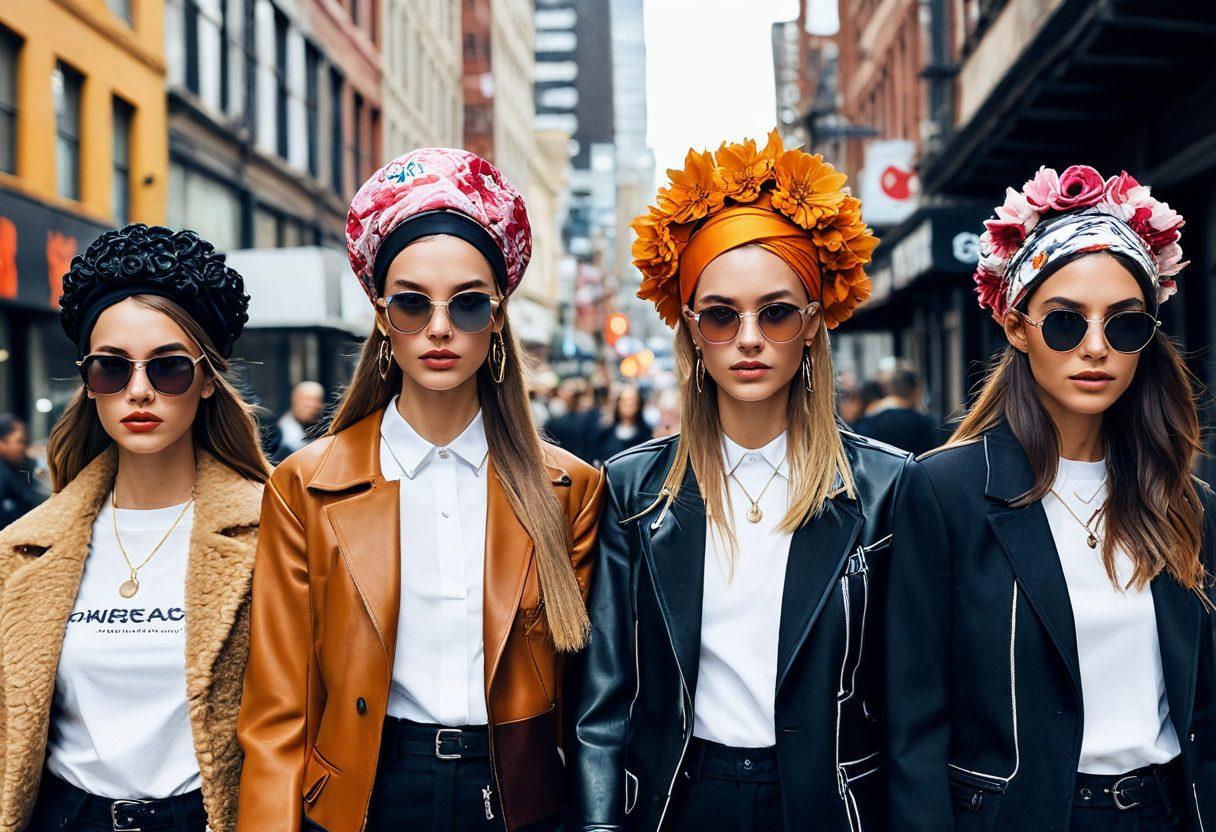 A stylish display of diverse headwear trends, featuring a variety of hats, caps, and headbands adorning a trendy urban backdrop. Include fashion-forward individuals showcasing unique styles, vibrant colors, and a lively atmosphere. Highlight seasonal elements to enhance the concept of staying ahead in fashion. Focus on intricate details and textures of the headwear. super-realistic. vibrant colors. urban setting.