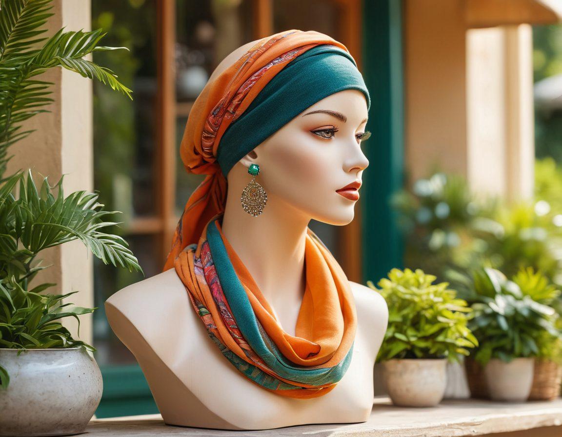 A stylish collage featuring various types of headgear, including casual caps, elegant hats, and luxurious headbands, displayed on a chic mannequin in a sunny outdoor setting. Include vibrant greenery in the background, with a hint of fashion accessories like scarves and earrings to complement the headgear. Capture a sense of versatility and elegance to reflect different occasions. vibrant colors. super-realistic. soft-focus.